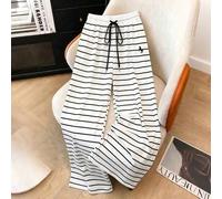 Shein 2026 Nuevos pantalones anchos de verano con cordón y cintura elástica a rayas en blanco y negro, diseño de pierna recta suelta, estilo casual y relaja