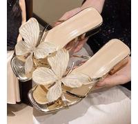 Shein 2026 Nuevos Sandalias de Verano Francesas con Tacón Grueso Dorado Espejo, Sandalias Elegantes de Tacón Alto con Tira Decorativa de Mariposa Dorada Ver