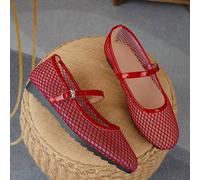 Shein 2026 Nuevos zapatos planos de mujer con punta redonda de malla roja, zapatos versátiles de uso diario con correa de hebilla de malla transparente y em
