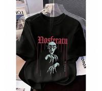 Shein 2026 Primavera/Verano Moda Nueva: Camiseta de cuello redondo negra de algodón unisex con estampado de diseño gótico de Nosferatu, perfecta para uso di