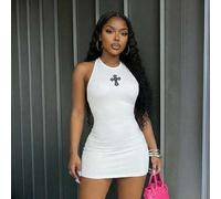 Shein 2026 Primavera/Verano Nuevo Vestido Casual de Calle Blanco Versátil Popular entre Influencers Online con Cuello Redondo, Cuello Halter, Espalda Descub