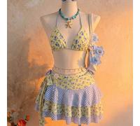 Shein 2026 Última Moda Ropa de Playa Sexy Elegante Bikini de Copa Triangular con Bloques de Color y Estampado Floral + Falda a Cuadros con Estampado Floral