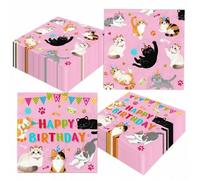 Shein 20pcs/40pcs/60pcs,Servilletas de papel para cumpleaños de gato rosa con 2 patrones,Servilletas de cóctel desechables de 2 capas con estampado de gatit