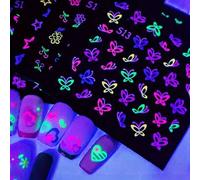 Shein 24 hojas de pegatinas de uñas 3D que brillan en la oscuridad, con diseños de mariposas, corazones y flores, con acabado brillante y autoadhesivo, deco