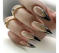 Shein 24 piezas Adhesivos de arte de uñas con rayas de brillo francés negro y dorado en forma de almendra + gel transparente + lima de uñas, uñas postizas,