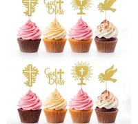 Shein 24 piezas Adornos para cupcakes con cruz "Dios te bendiga", dorado brillante, adecuado para bautizo, decoración de pastel de bautizo y decoración navi