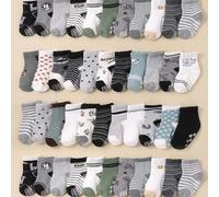 Shein 24 piezas Calcetines antideslizantes casuales y sencillos con rayas para bebé. Patrón jacquard con estrellas de moda, adecuados para bebés niños de 0