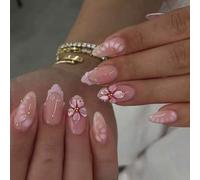 Shein 24 piezas de pegatinas de gel 3D con forma de almendra, diseño de arte de uñas floral, pegatinas de punta francesa, decoración de perlas, kit de uñas