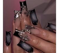 Shein 24 piezas de uñas góticas Y2K de forma cuadrada mediana, uñas postizas con brillo, uñas francesas negras falsas, uñas 3D con arte, uñas con cruz, sumi