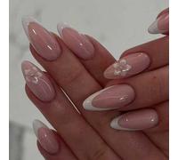 Shein 24 piezas Pegatinas de uñas con forma de almendra francesa de flor blanca, ¡crea tu propio arte de uñas! Diseño de longitud media, material acrílico,