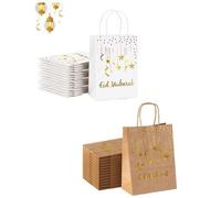 Shein 24 piezas/Rollo Bolsas de compras Eid Mubarak - Patrón de estrellas y lunas de oro en relieve, bolsas de papel grandes plegables resistentes a las arr