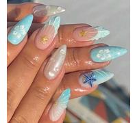 Shein 24 piezas/set Uñas postizas de estilo francés elegante con forma de almendra, decoradas con estrellas de mar, gotas de agua y flores en estilo 3D de o
