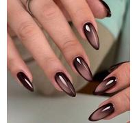 Shein 24 piezas Uñas postizas acrílicas de estética brillante con diseño de ojos de gato de cristal marrón en forma de almendra larga estilo Y2K, en colores