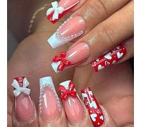 Shein 24 piezas Uñas postizas acrílicas francesas de diseño cuadrado largo con patrón 3D de lazos y corazones, que se ajustan perfectamente. Incluye: 1 piez