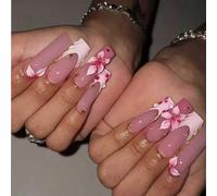 Shein 24 piezas Uñas postizas de ataúd largo con flores 3D de polvo de pasta de frijol, estilo suave y elegante, incluye 1 pieza de pegamento de gelatina +