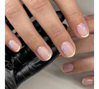 Shein 24 piezas Uñas postizas francesas amarillas con diseño floral simple y fresco, forma ovalada corta, incluye 1 hoja de adhesivos y 1 lima mini, perfect