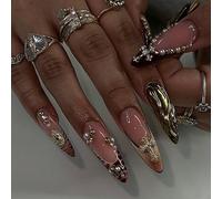 Shein 24 piezas Uñas postizas francesas con estampado de leopardo, uñas postizas francesas negras con perlas falsas, brillos, uñas postizas con destellos, u