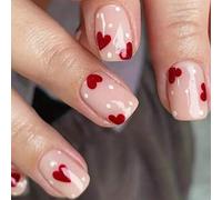 Shein 24 uñas falsas cuadradas cortas en color rosa desnudo Y2K, diseño de corazón rojo con lunares blancos, conjunto completo de uñas falsas con lima de uñ