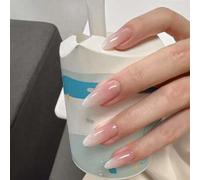 Shein 24 uñas postizas de almendra larga con estampado de flor de cerezo, degradado de polvo de arroz y leche. Incluye 1 pieza de pegamento de gelatina y 1