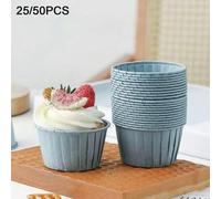 Shein 25/50 piezas de revestimientos de papel azul claro para tazas, mini moldes de hornear a prueba de grasa, tazas de pastel con borde enrollado, bandejas