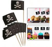 Shein 25 piezas Artículos decorativos serie bandera de pirata, palillos de bambú con diseño de bandera con calavera de pirata para decorar tartas, cupcakes,