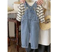 Shein 26 Nuevas llegadas de primavera/verano Petos vaqueros azul claro para niños, mono de pierna ancha recta y suelta de estilo coreano a la moda, tela sua