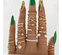 Shein 28 Piezas Anillos Con Forma De Corazón De Moda, Estilo Dulce Y Genial, Juego De Anillos Geométricos Con Incrustación De Perlas Y Diamantes De Imitació