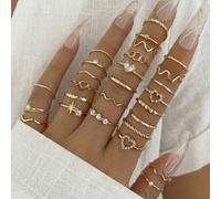 Shein 28 piezas Anillos de nudillo con acento de rhinestone con forma de corazón y estilo geométrico bohemio, onda minimalista, adecuado para uso diario de