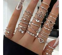 Shein 28 piezas Anillos de nudillos geométricos de plata con corazón y onda de estilo minimalista con rhinestones, [Tallas marcadas, anillos cerrados, por f