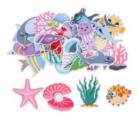 Shein 28 piezas Parches bordados de mundo oceánico para planchar, con delfines, tiburones, tortugas, pulpos, corales, conchas marinas - Conjunto de parches