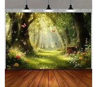 Shein 2D Plano 1A Prop de fotografía de alta calidad hecho de poliéster con un fondo de bosque mágico con mariposas, flores y un sendero iluminado por el so