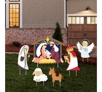 Shein 2D plano, set de 6 piezas de estacas de plástico con figuras religiosas de la escena de la Natividad de Navidad para exteriores - María, Jesús, ángel,