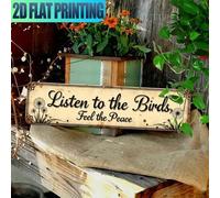 Shein 2D Plano - Un letrero de pared de metal vintage 2D, tamaño 16.0" X 4.0", con el texto "Escucha a los pájaros, siente la paz" - Adecuado para oficina,