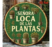 Shein [2D Plano] Un placa con forma redonda, en español, con un tema de cartel de estilo vintage relacionado con "La Loca Señora de las Plantas", enfocado e