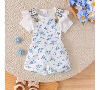Shein 2pcs/Set Conjunto de Mono de Manga Corta Acanalado Lindo para Bebé Niña & Shorts con Tirantes Estampados, Fino de Verano