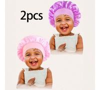 Shein 2pcs/Set Gorro de dormir para niños de unicolor con ala ancha elástica de satén sedoso - Ajuste , anti-pérdida de cabello, diseño ultra suave y transp