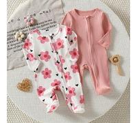 Shein 2pcs/Set Mono de dormir de manga larga con pies Aguacate & Verde Algodón de punto Cómodo y suave Ropa de estar por casa, Mejor regalo para recién naci