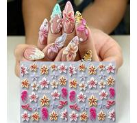 Shein 2pcs/Set Pegatinas de Arte de Uñas 5D Hibisco en Floración Primavera, Pétalos de Flores Prensadas de Gelatina Línea Francesa Cuentas Calcomanías de Uñ