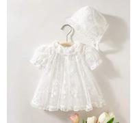 Shein 2pcs/Set Vestido de Princesa con Cuello Floral y Bajo con Volantes de Encaje para Bebé Niña Recién Nacida, Gorro con Ribete de Encaje, Conjunto Blanco