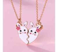Shein 2piezas Chica Estilo lindo Conejo Diseño animal Aleación de zinc Blanco y rosa Gota de aceite Magnético Collares con colgantes Set Mejores amigos para