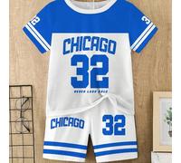 Shein 2piezas/Set Conjunto de camiseta de manga corta y pantalones cortos casuales creativos con estampado gráfico de números 32, estrella de Chicago, rayas