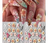 Shein 2piezas/Set Pegatinas de Arte de Uñas 5D Hibisco en Floración Primavera, Pétalos de Flores Prensadas de Gelatina Línea Francesa Cuentas Calcomanías de