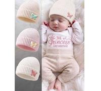 Shein 3/1 pieza Gorro de punto para bebé y niño pequeño otoño/invierno, gorro cálido con patrón de lazo 3D, combinación de beige, blanco y caqui, gorro de p