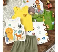 Shein 3 conjuntos de ropa para bebé niño, lindos y alegres, divertidos y modernos, con estampado de oso de bosque, camiseta sin mangas y pantalones cortos a