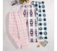 Shein 3 pantalones casuales de niña de moda a cuadros, con forma de corazón, de pierna ancha y suelta, ideal para primavera y otoño, tela suave y cómoda