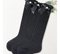 Shein 3 pares de calcetines altos por la rodilla con lazo de perla negra para niñas, calcetines altos sin talón, versátiles para el estilo Lolita, aptos par