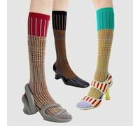 Shein 3 pares de calcetines altos retro estilo americano, calcetines de pantorrilla con patrones de pata de gallo y cuadros, para principios de otoño, calce