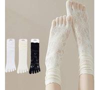 Shein 3 pares de calcetines con patrón de encaje negro, blanco y beige, separador de dedos, transpirables, adecuados para uso diario, otoño
