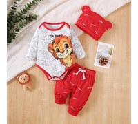 Shein 3 piezas "Bebé León Valiente" Parte superior de manga larga para niño pequeño, pantalones con estampado de león y gorro con orejas, ligero y suave, ad
