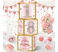 Shein 3 piezas, Caja sorpresa de papel de 27*27cm con globos, color rosa y dorado, "Feliz Cumpleaños", decoración para fiesta de cumpleaños 18, 50 o 60 años